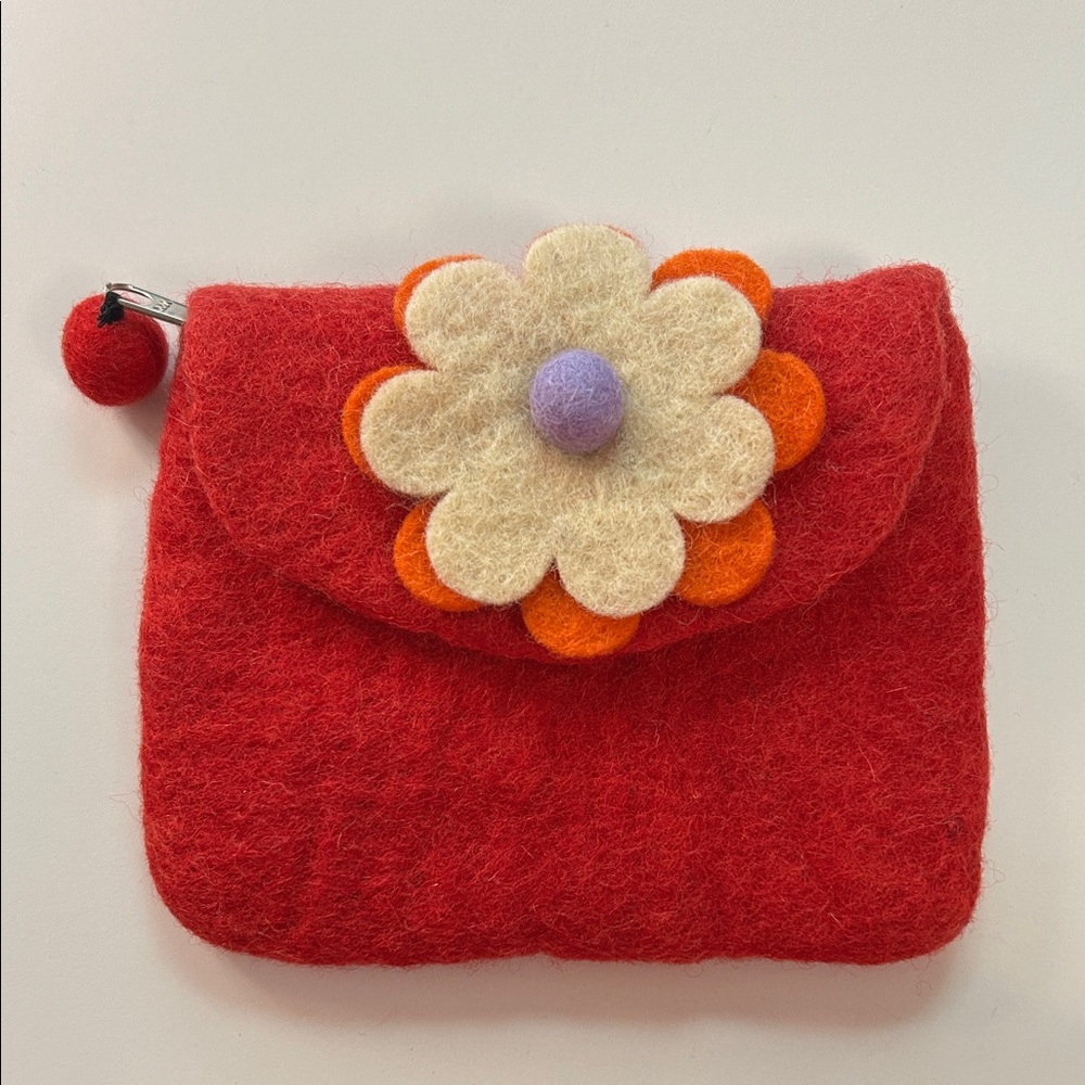 Red Felt Pouch with Flower Design
